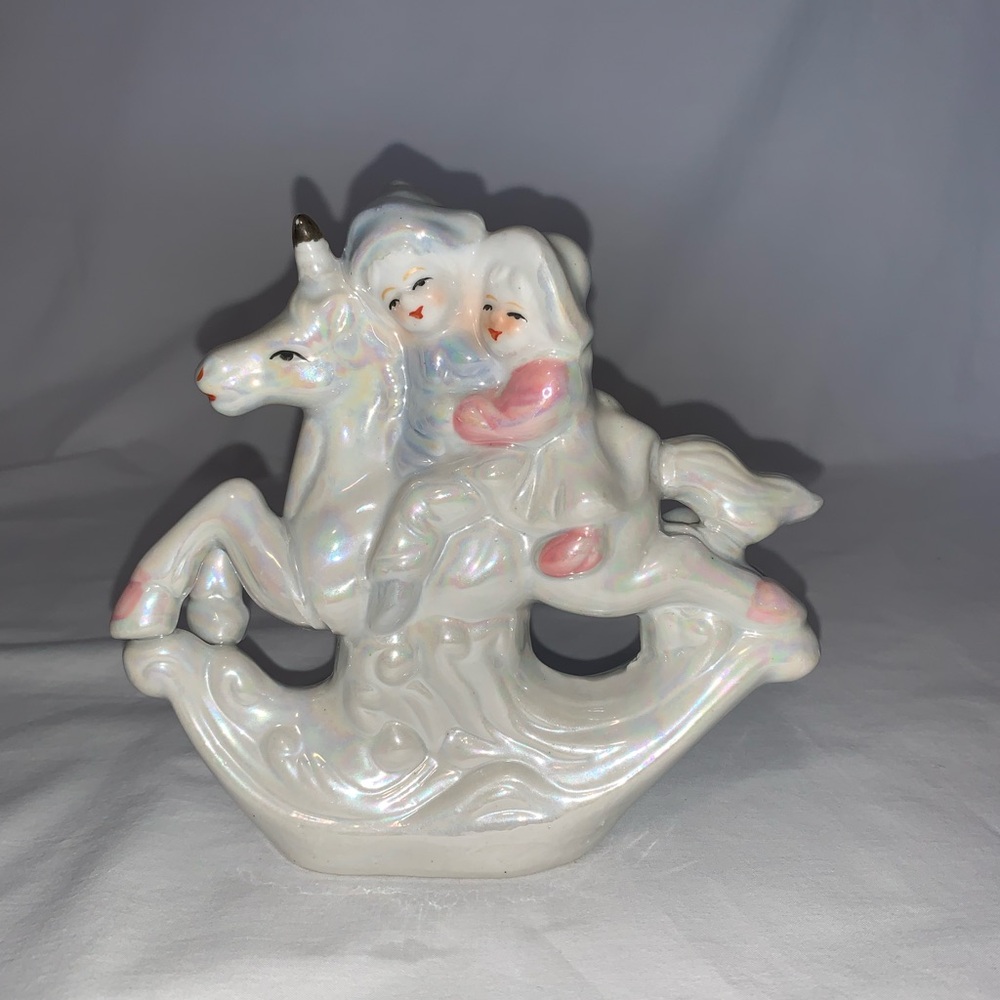 Vintage Porcelain Lusterware Ceramic Playful Children Riding a Unicorn Figurine